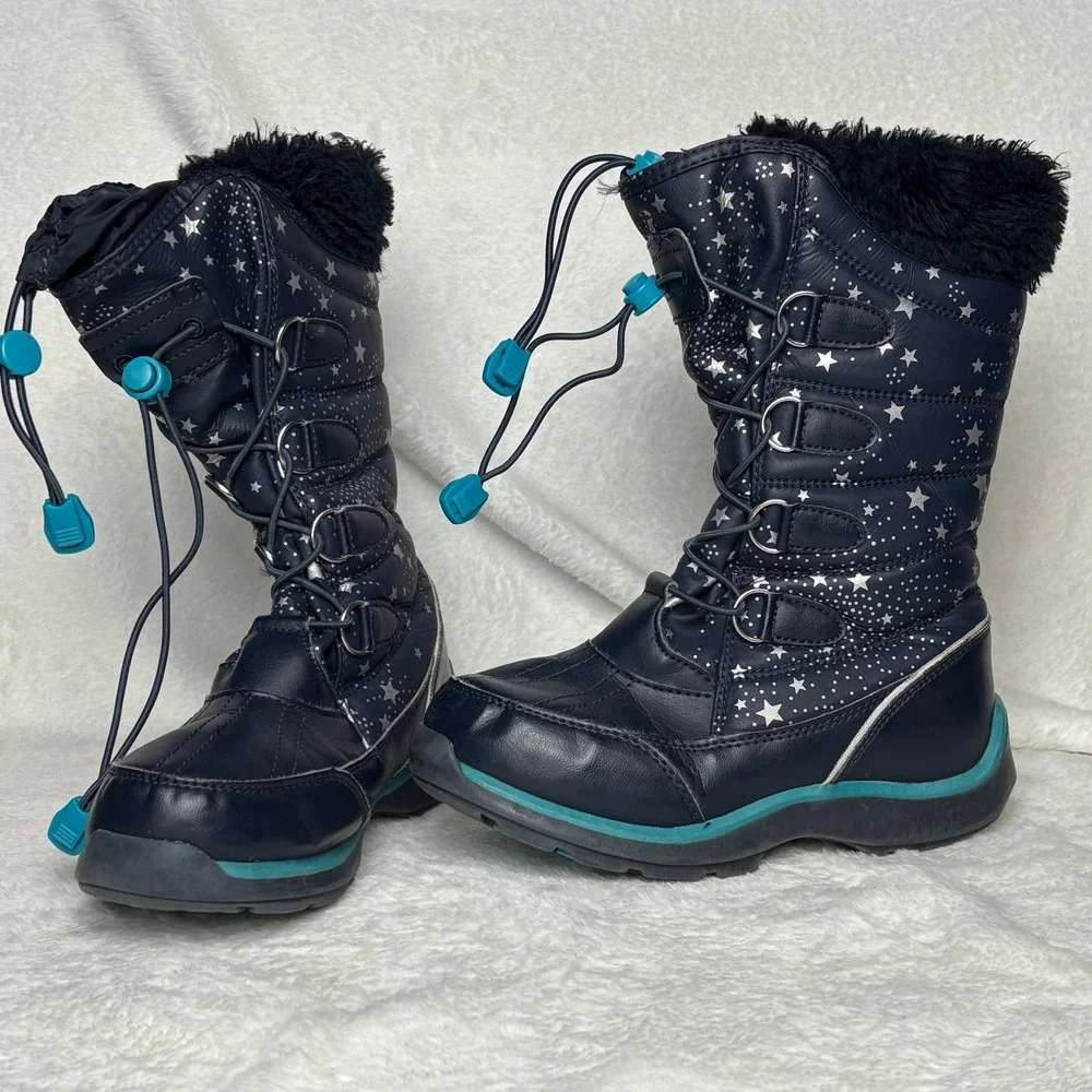 Lands' End Kids Navy Blue Star Print Winter Snow Boots Fur‎ Trim Warm Waterproof